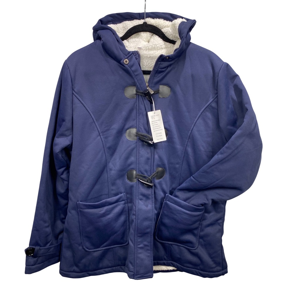 JiangWu Sherpa‎ Lined Hooded Duffle Coat Navy Blue X-Large Warm Winter Jacket